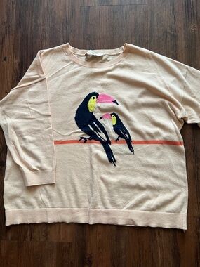 LOFT Women’s Peach Toucan Knit Sweater with Colorful Bird Motif